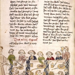 medeltida teckning. flera personer äter mat runt ett bord. 