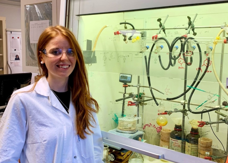 Erika Linde in front of fume hood