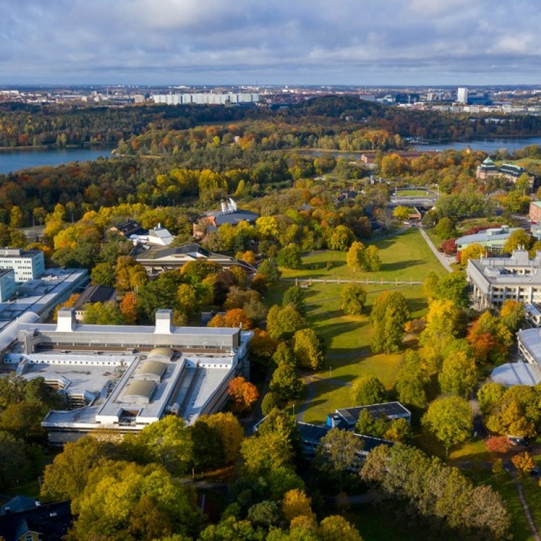 Drönarbild över campus Frescati på hösten.