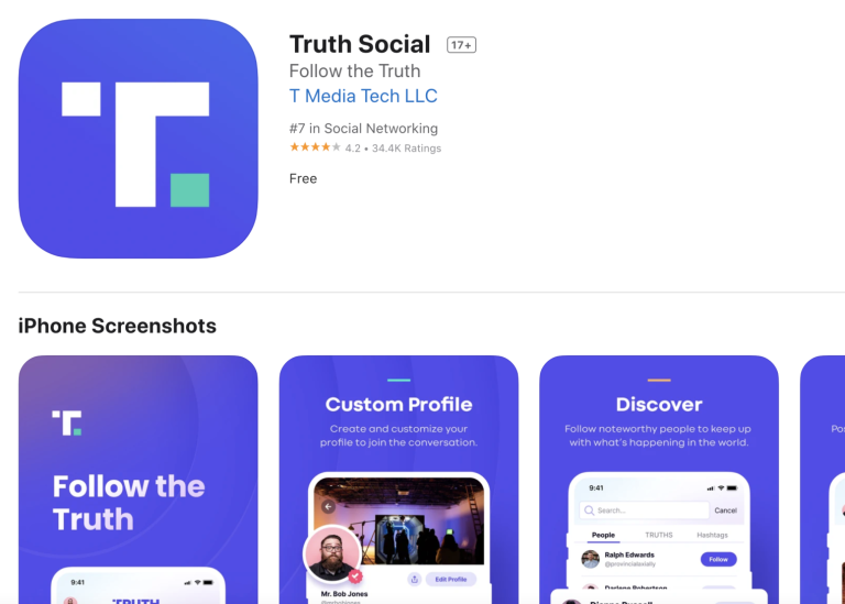 Trumps nya sociala medier-plattform Truth Social. Foto: Skärmdump App Store