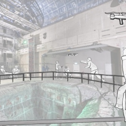 A sketch of multiple people interacting with drones. Illustration: Rachael Garrett, KTH