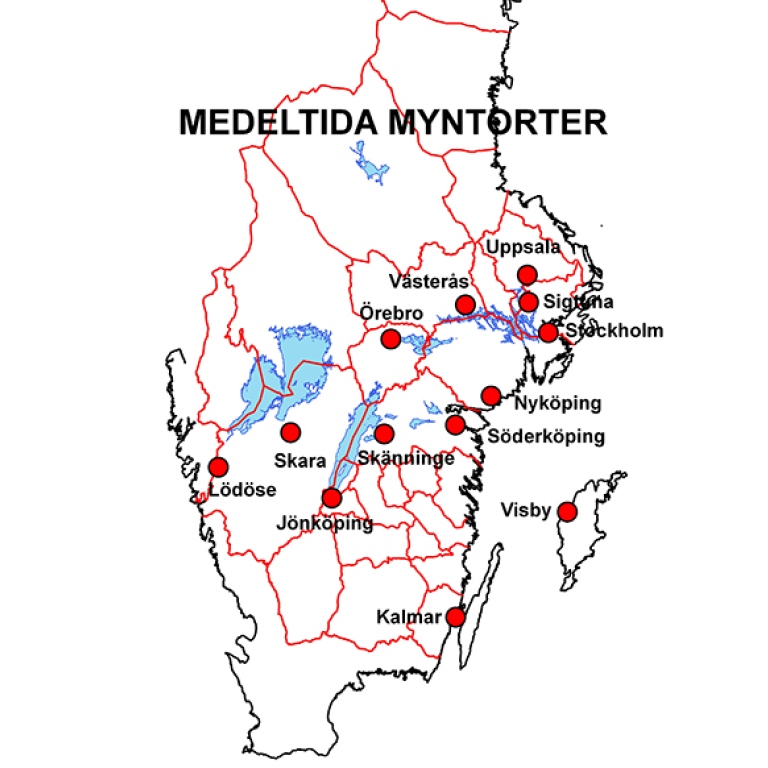 Karta över meeltida myntorter i Sverige