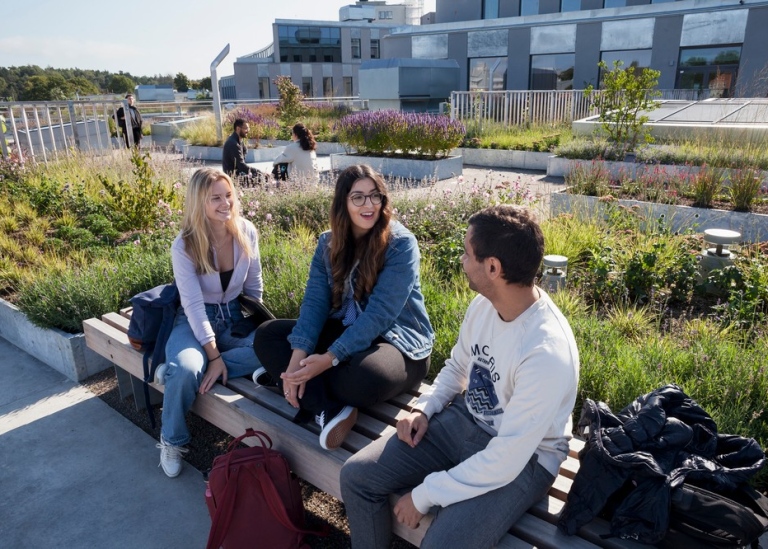 Tre studenter på en takterrass på campus Albano.