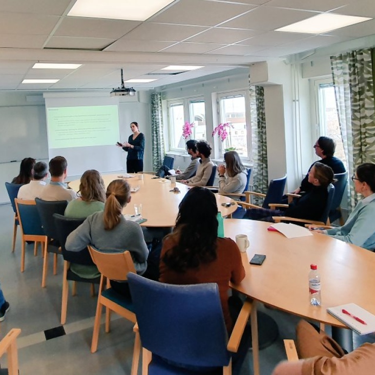 A researcher presents a study in front of a small audiance in a conference room at SOFI