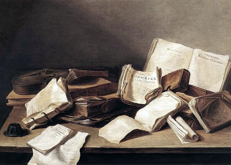 Målning av Jan Davidszoon de Heem från 1628 föreställande böcker och en fiol på ett bord.