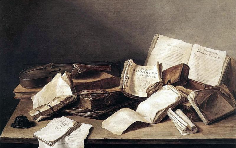 Målning av Jan Davidszoon de Heem från 1628 föreställande böcker och en fiol på ett bord.