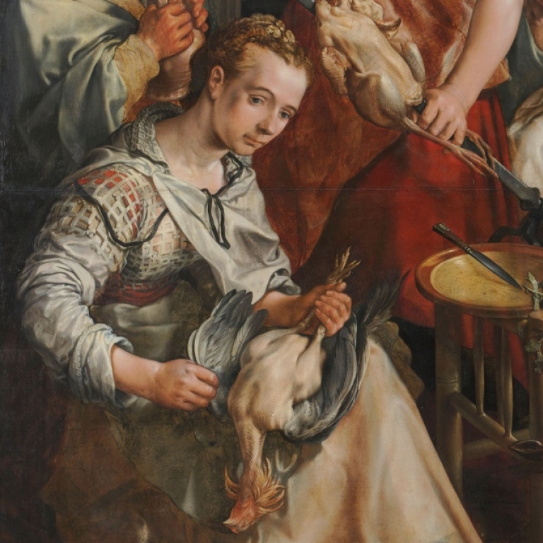 Oljemålning. Kvinnor och män i 1500-talskläder. Framför dem massor av kött och frukt.