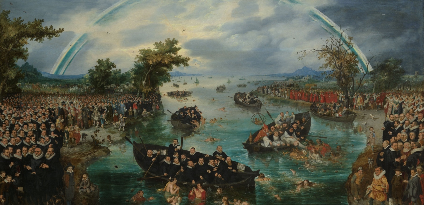 Oljemålning. Många män klädda i 1500-talskläder vid en å. I ån fler män i roddbåtar som sjunker.