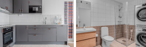 Bilderna visar köksinredning samt kombinerat toalett/duch/tvätt-rum