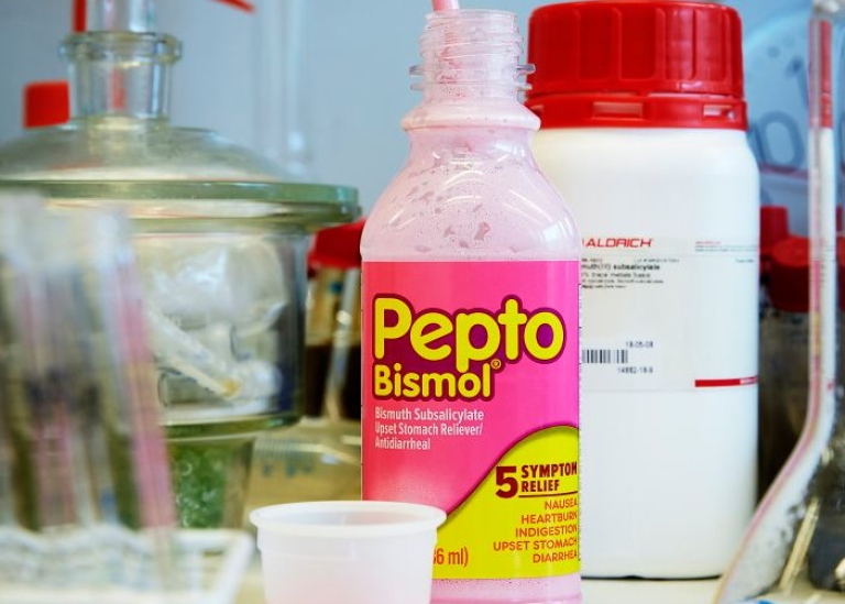 A bottle of Pepto-Bismol stomach reliever. Photo: Mathias Nero