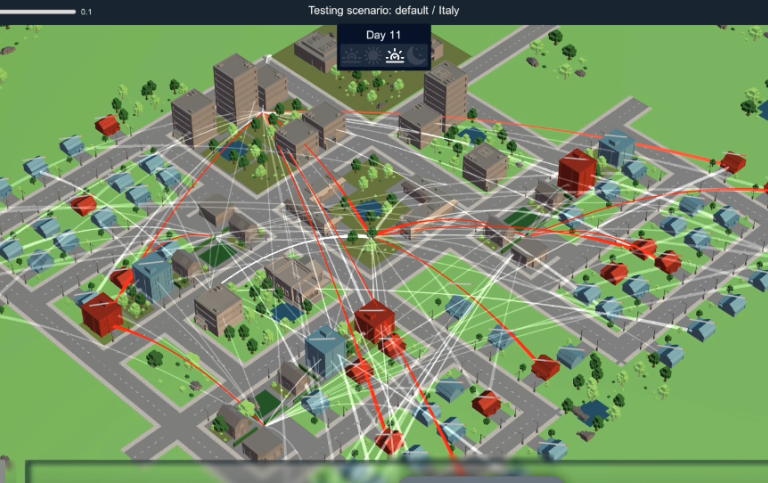 Screenshot of a simulation from the ASSOCC project that studies different COVID-19 scenarios