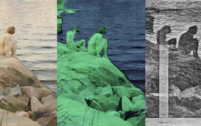 Versioner av Anders Zorns tavla Ute. Först original, sedan genom ultraviolett ljus, och röntgen..
