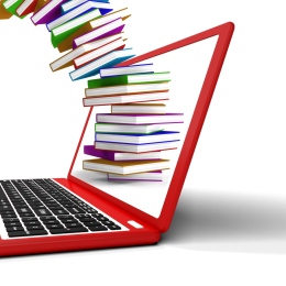 Illustration of stack of books flying from computer