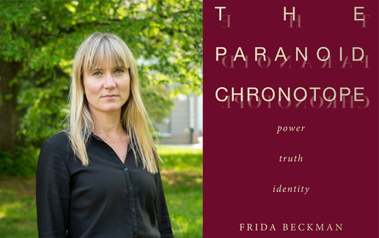 Frida Beckman and the book cover of The Paranoid Chronotope