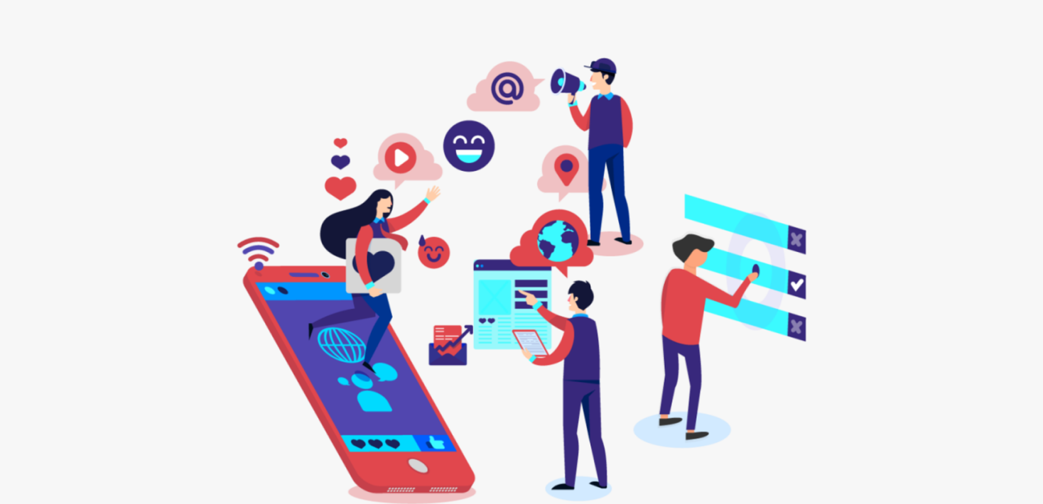 Vector image of people communicating through different channels