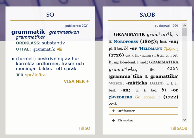 About grammar Swedish "Grammatik" in Swedish dictionaries on svenska.se