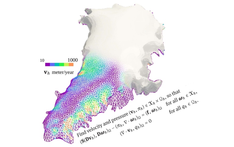 Bild av Grönland, till hälften täckt av ett nät som i olika färger visar isens rörelsehastighet.