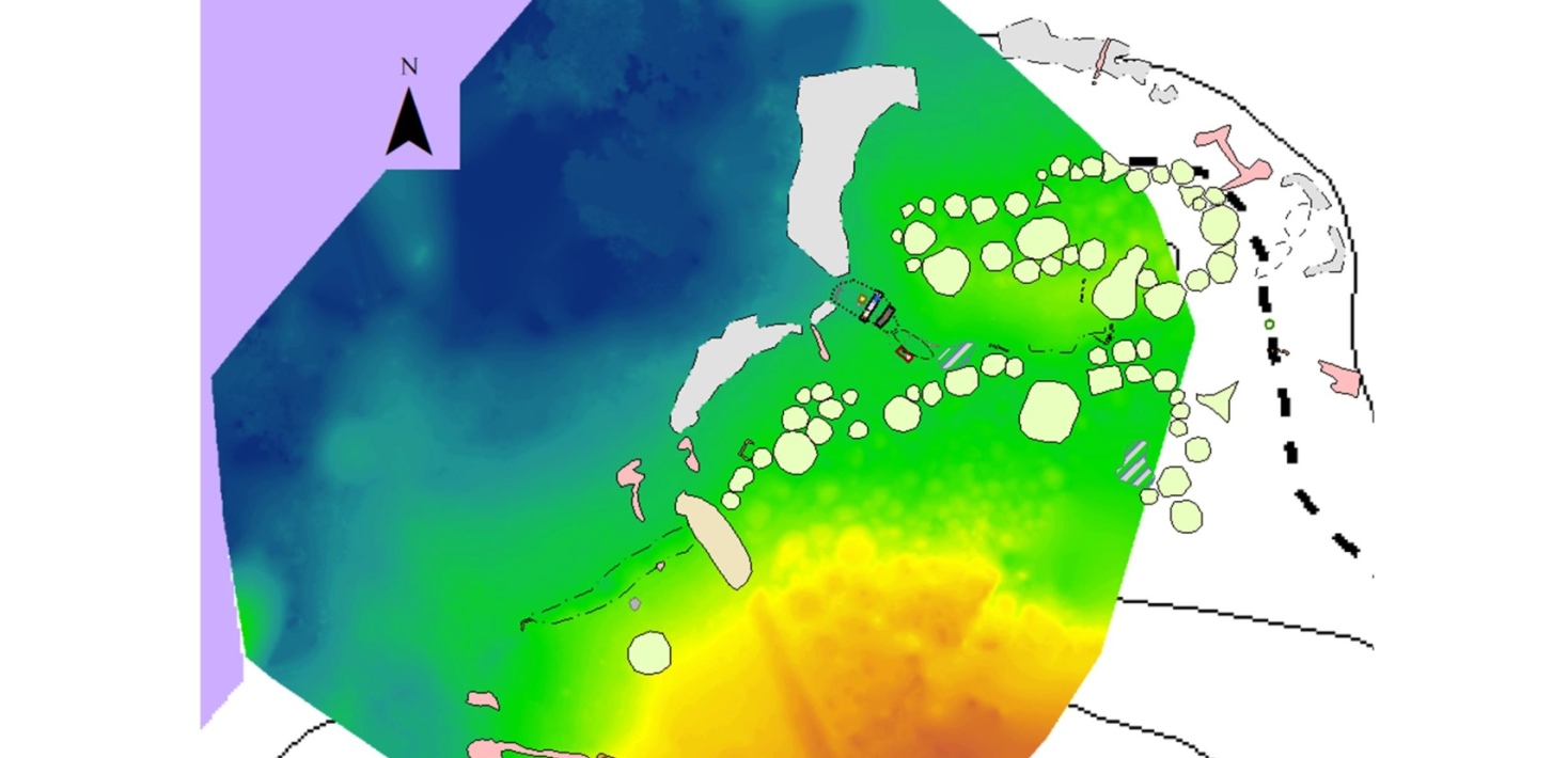 Digital terrängmodell i olika färger som visar var vatten och strandzon fanns under vikingatiden.