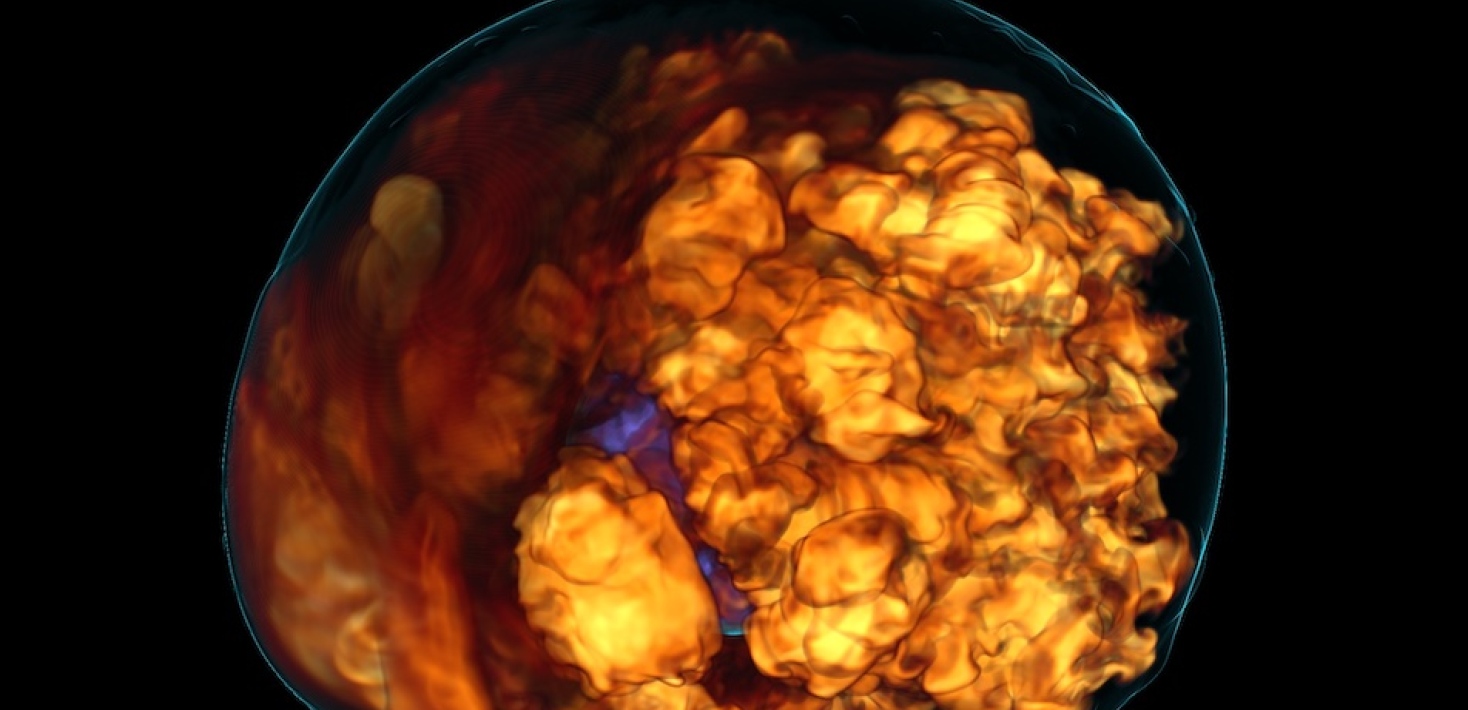 Volume rendering of the stalled accretion shock in a core-collapse supernova.