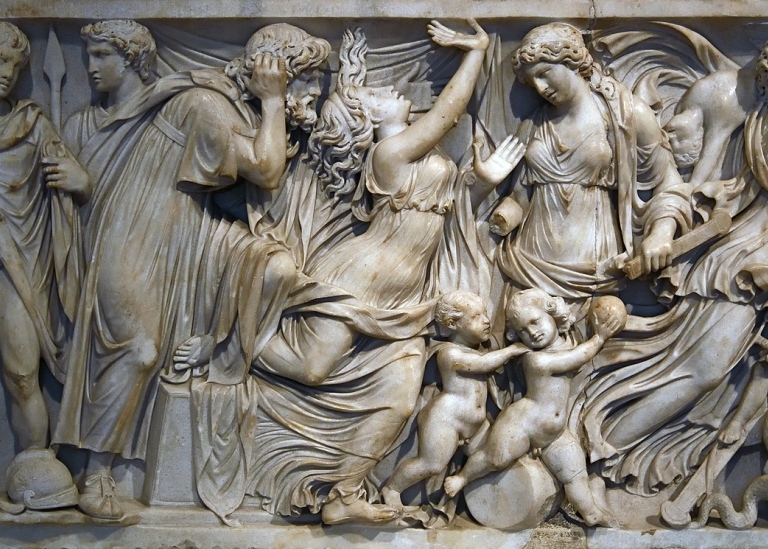Medea sarcophagus, Rome (Italy) Marble, produced in Rome, 140-150 BC. Four scenes from Euripides' tr