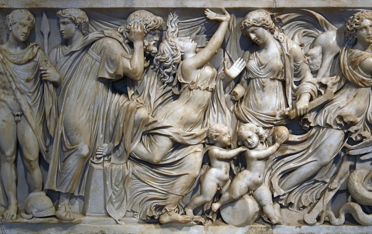 Medea sarcophagus, Rome (Italy) Marble, produced in Rome, 140-150 BC. Four scenes from Euripides' tr