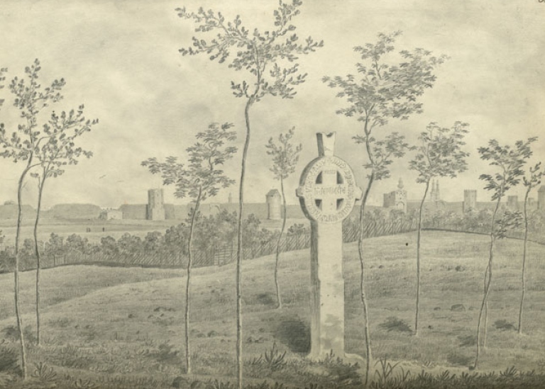 Minnesmärke i form av ett stenkors vid platsen för slaget vid Visby 1361