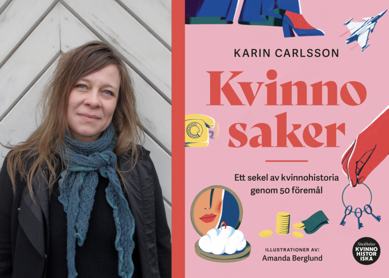 Karin Carlsson och omslaget till boken Kvinnosaker