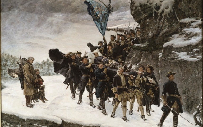 Målning. Karoliner bär döde kungen Karl den tolfte. 