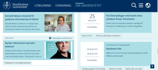 Skärmdump från nyhets- och kalenderlistan på Om universitetet-ingången på su.se