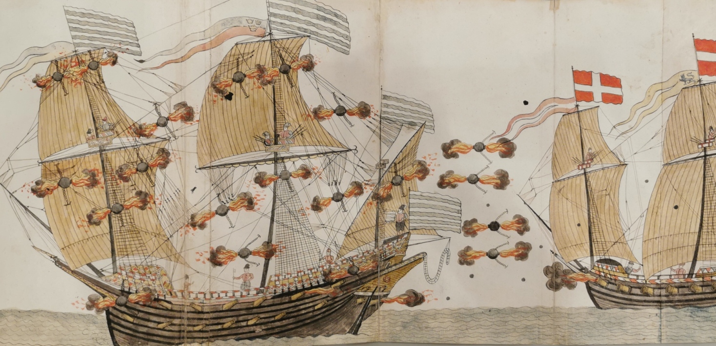 Teckning av två skepp i strid. 