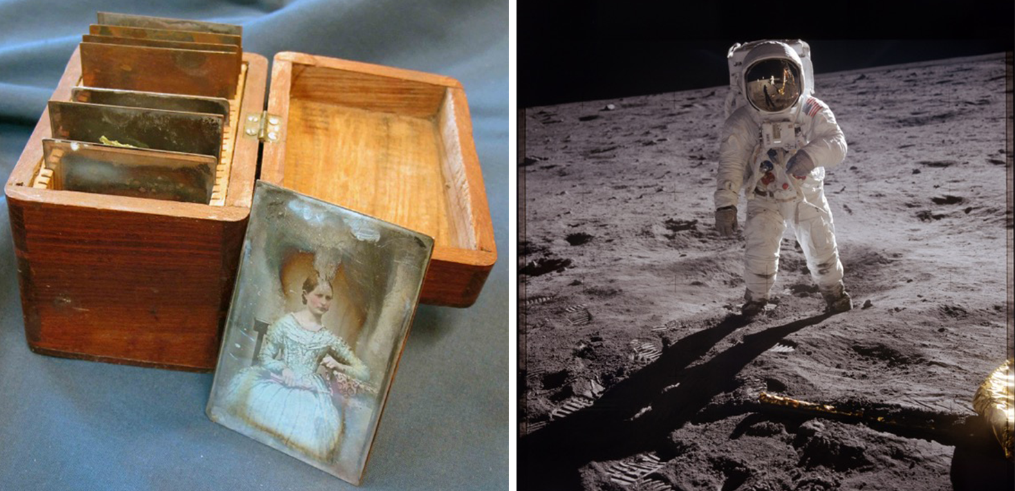 Bild1: Bild av Daguerreotyp som har kolorerats. Bild 2: Astronaut Buzz Aldrin på månen, 1969