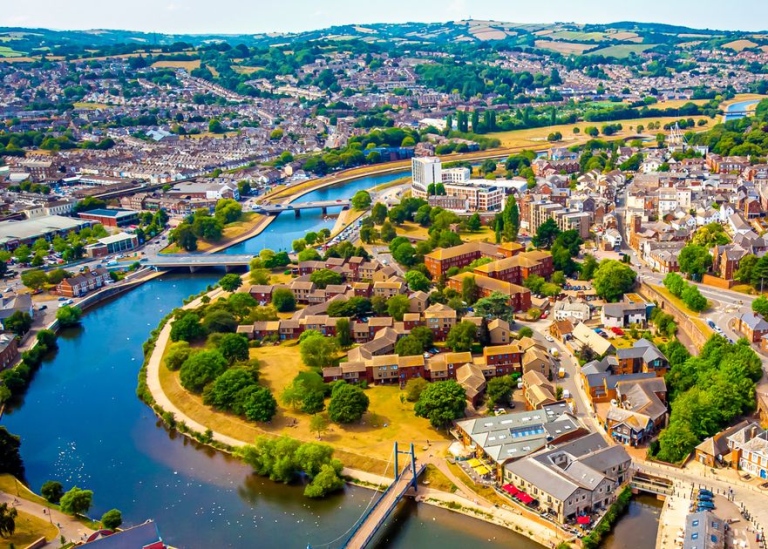Aerial photo of Exeter, with river