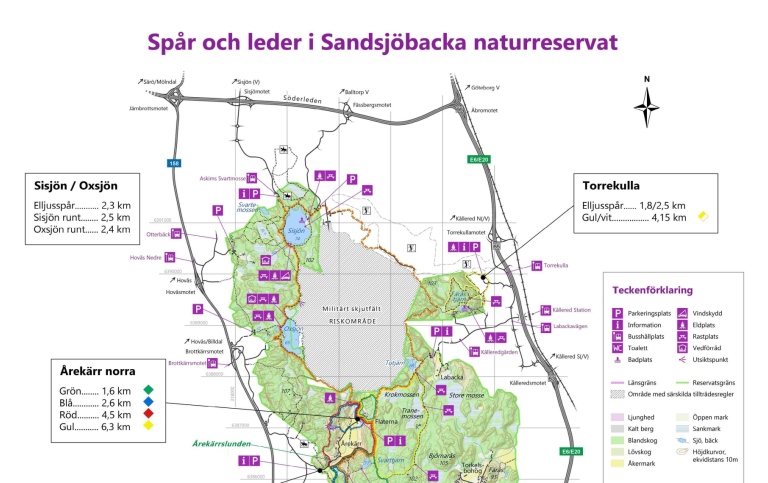 Utsnitt från tidigare kartprojekt 2022. Spår och leder i Sandjöbacka naturreservat.