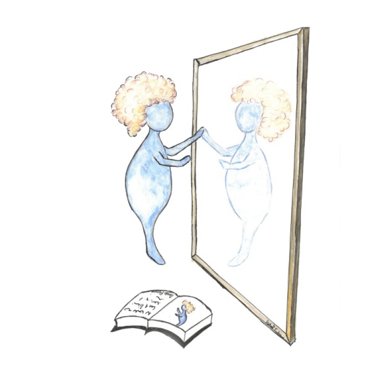 Blue kid watching herself in a mirror. Cover image: Isabel Cibinel