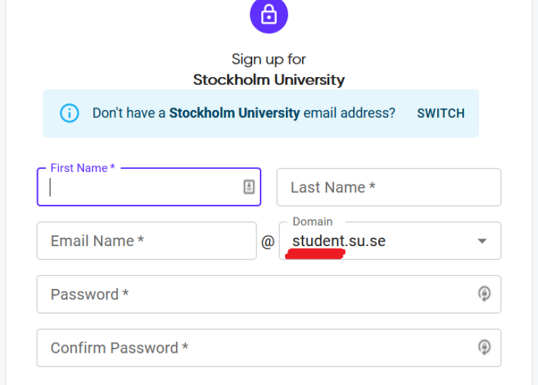 Registreringsfönster för ett konto i Keenious. Under Domain för email står det skrivet student.su.se