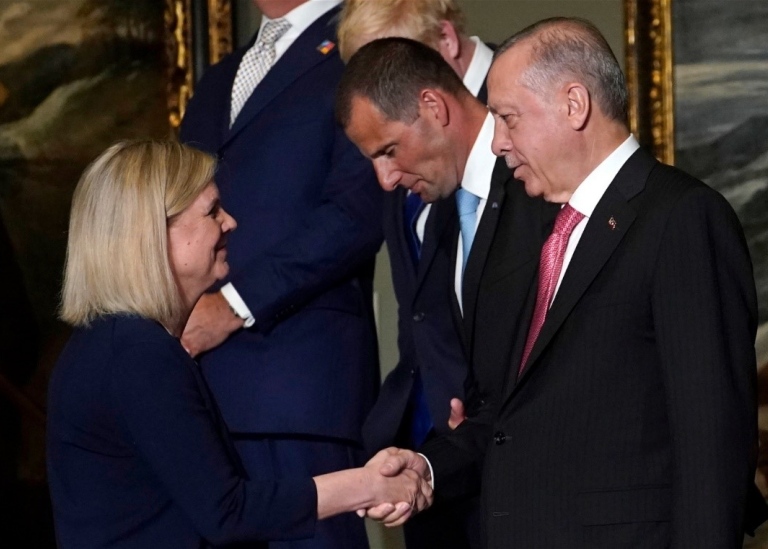 Magdalena Andersson skakar hand med Turkiets president Recep Tayyip Erdogan.