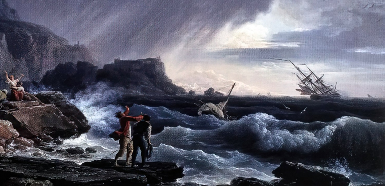 målning av människor vid en strandkant i en storm. 