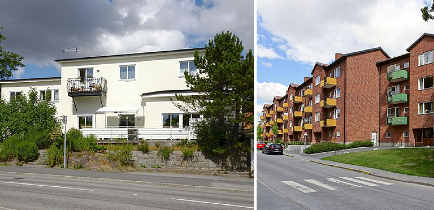 Två olika kvarter i Stureby. En vit funkisvilla och ett hyreskvarter i brunt tegel.