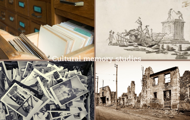 Fyra bilder: arkiv, ruin av hus efter krig, foton, teckning av revolution
