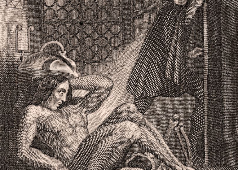 Omslag till "Frankenstein; or, The Modern Prometheus" från 1831, naken Frankenstein i etsning.