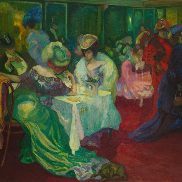 Målningen Nattcafé visar restaurangmiljö från början av 1900-talet