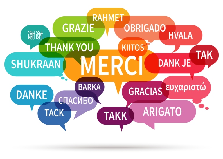 Färgglada pratbubblor med "tack" på olika språk. Foto: Patrick Marcel Pelz, MostPhotos