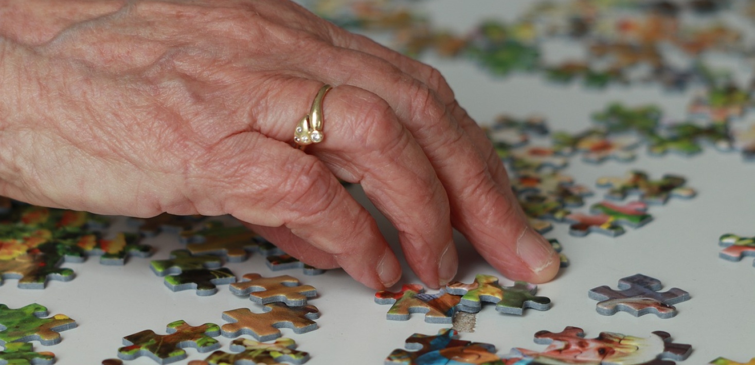 Elderly woman with jigsaw puzzle. Photo by Marjon Besteman from Pixabay.