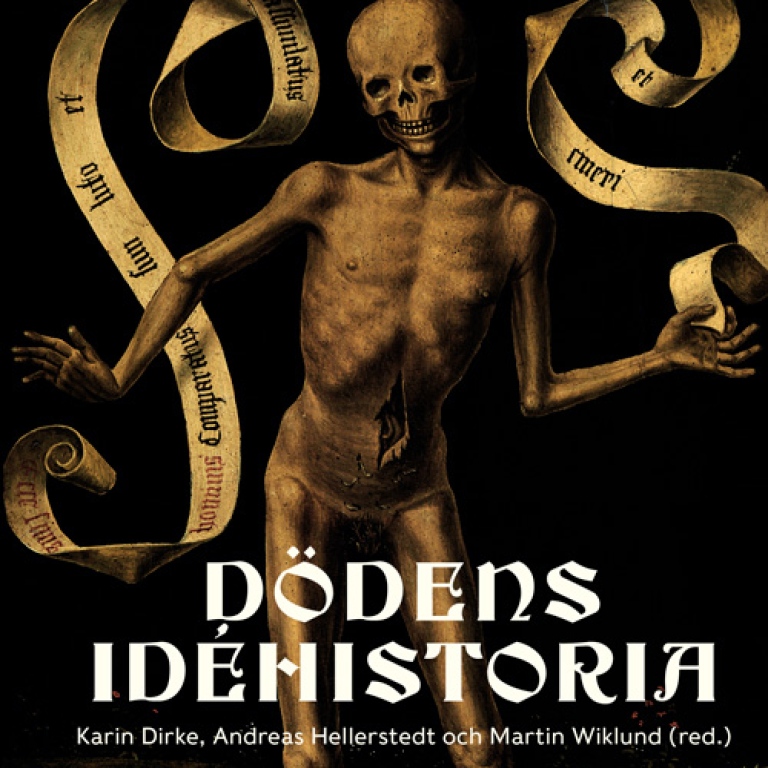 Detalj av omslaget till boken Dödens idéhistoria. Tecknad bild på skelett