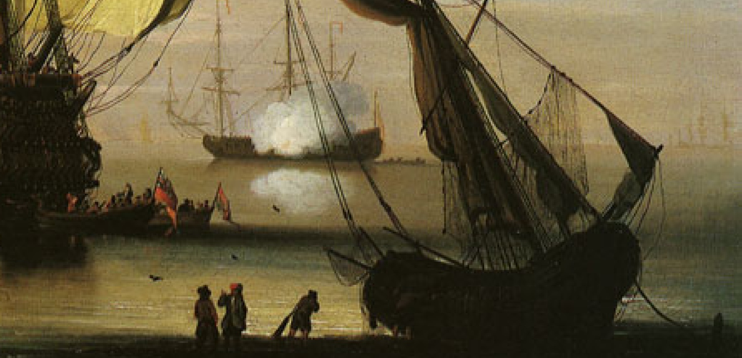 Oljemålning föreställande ett stort skepp med segel samt mindre skepp i förgrunden.