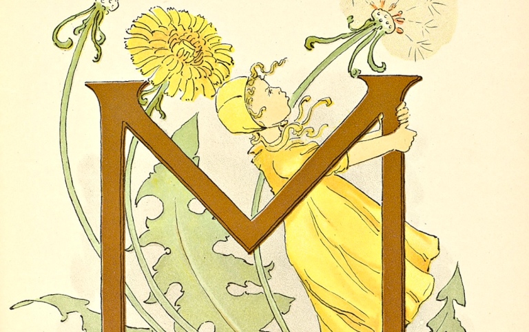 Illustration av bokstaven M med en flicka i gul klänning och maskros