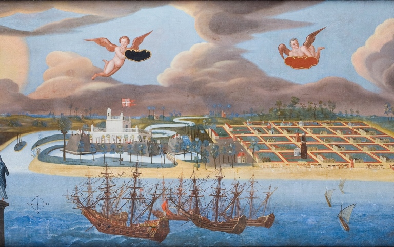 Målning föreställande hamnlandskap. Två änglar i förgrunden.