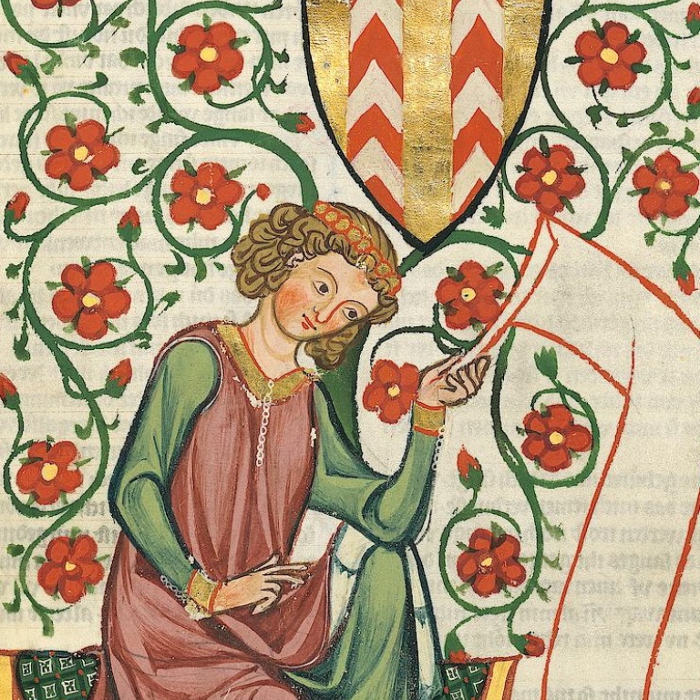 Illustration från medeltida manuskript, en man håller i en pappersrulle.