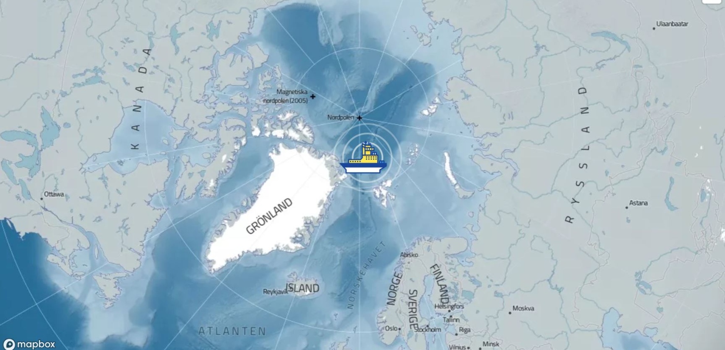 Map of the target area for the expedition ARTofMELT Oden is placed north east of Greenland.