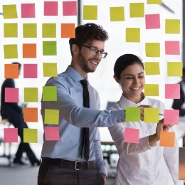 Genre photo of colleagues brainstorming with post-it notes